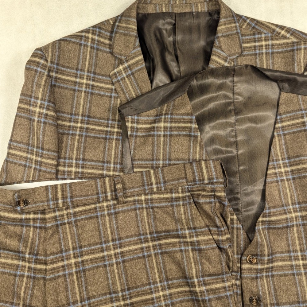 Alain Dupetit Mens 3 Piece Suit 48S 42W Woodhurst Plaid Brown Blue 2 Button Vest